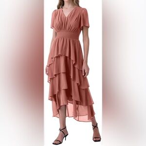 Women's Chiffon Tiered Layered Flowy Long Smocked Waist Wedding Guest Dress